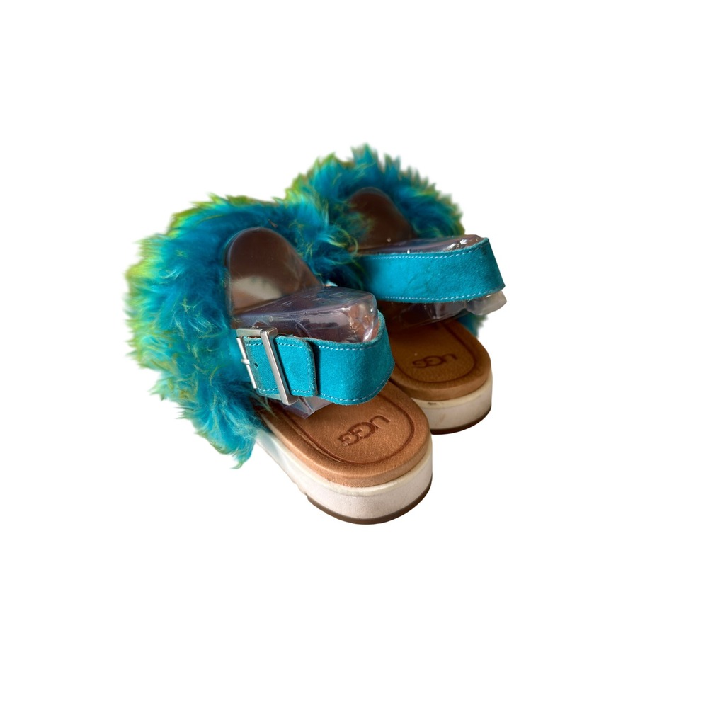 UGG Womens Teal Lime Green Faux Fur Slingback Holly Sandals Buckle Strap  10 - Picture 4 of 13